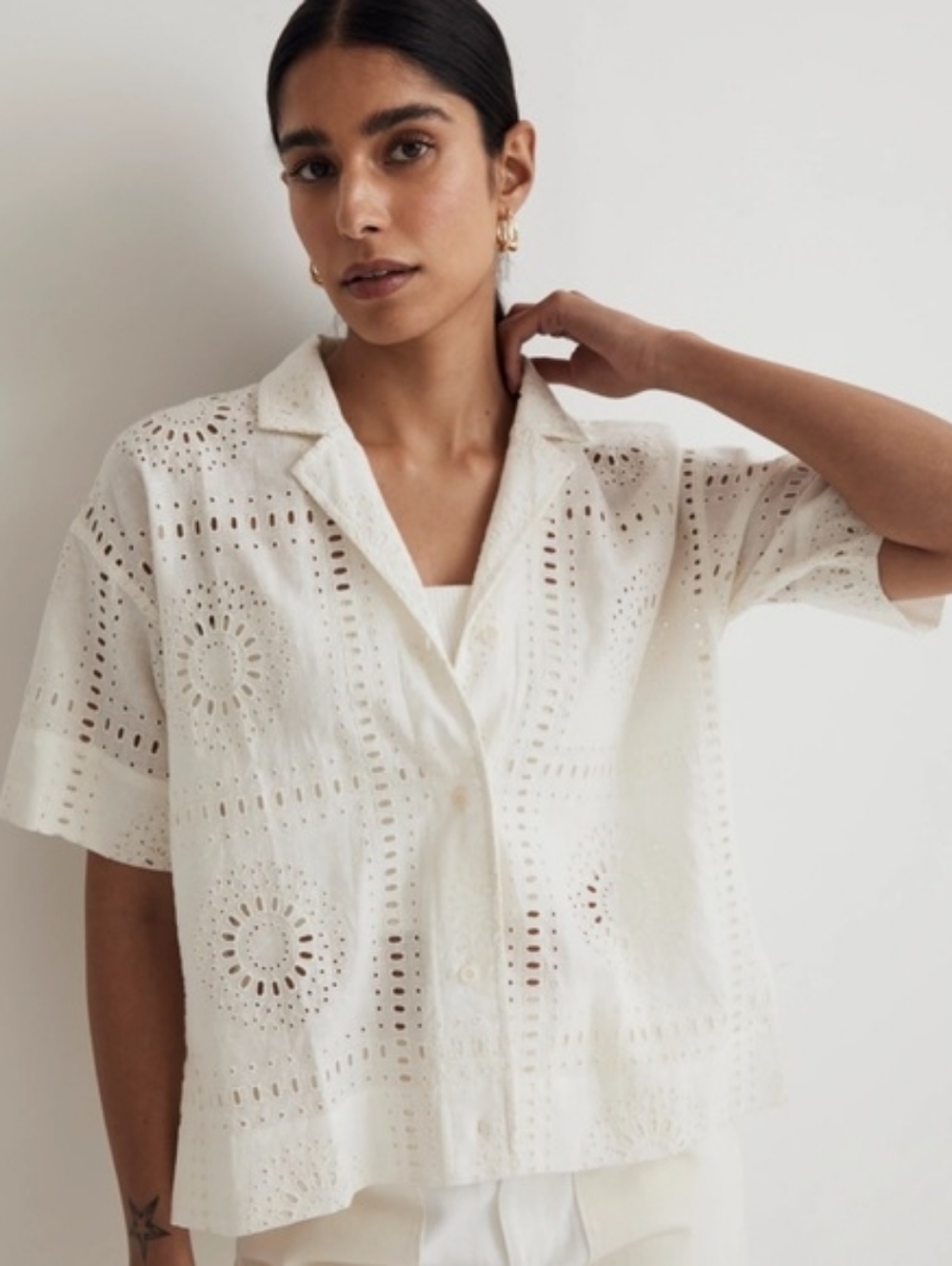 Madewell Eyelet Camp Shirt Linen Blend Ivory Oversized Button Up Coastal XS